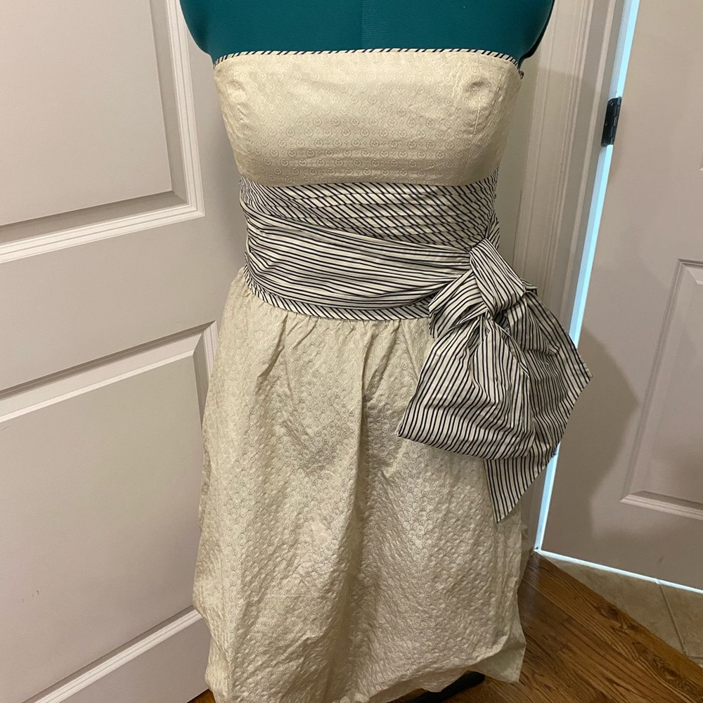 NWT BCBGMaxAzria strapless dress, taupe with striped sash at waist, size 12